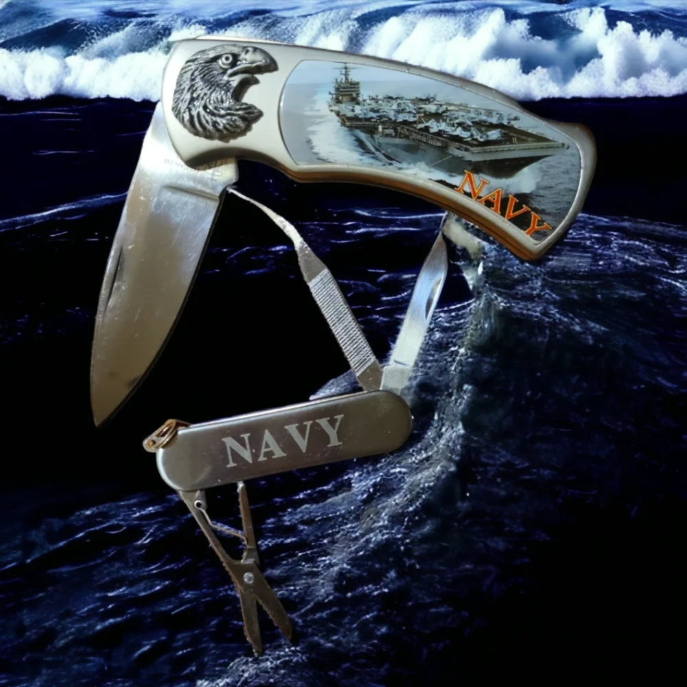 2 Navy Folding Stainless Steel Multi Tool Scissors, File, Paring Knife Tin Box